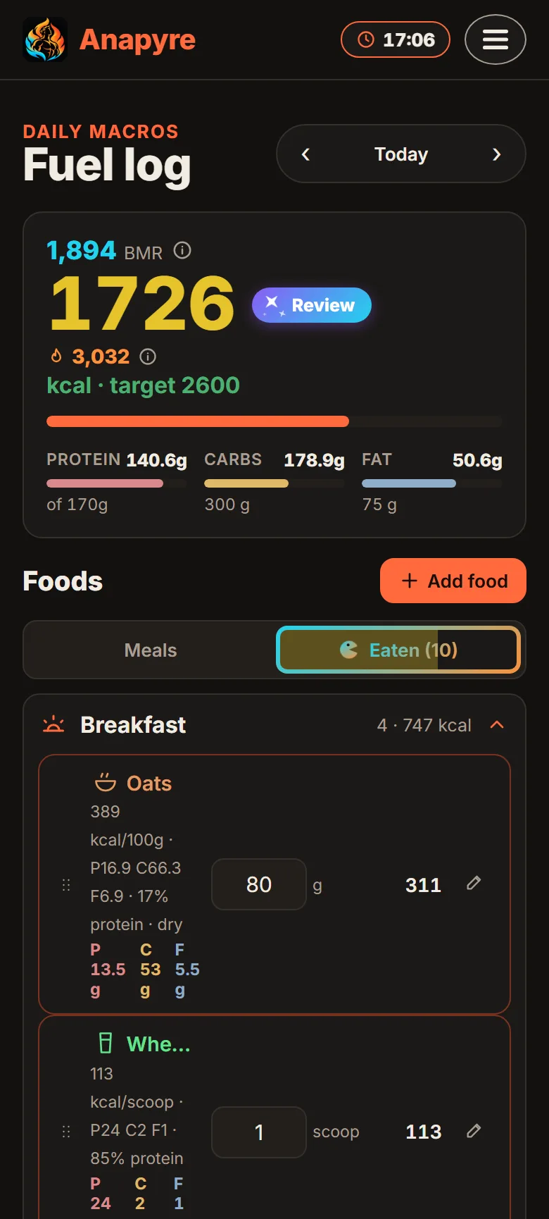 The macro tracker in Anapyre showing 1,726 of 2,600 calories with protein, carbs and fat progress for the day