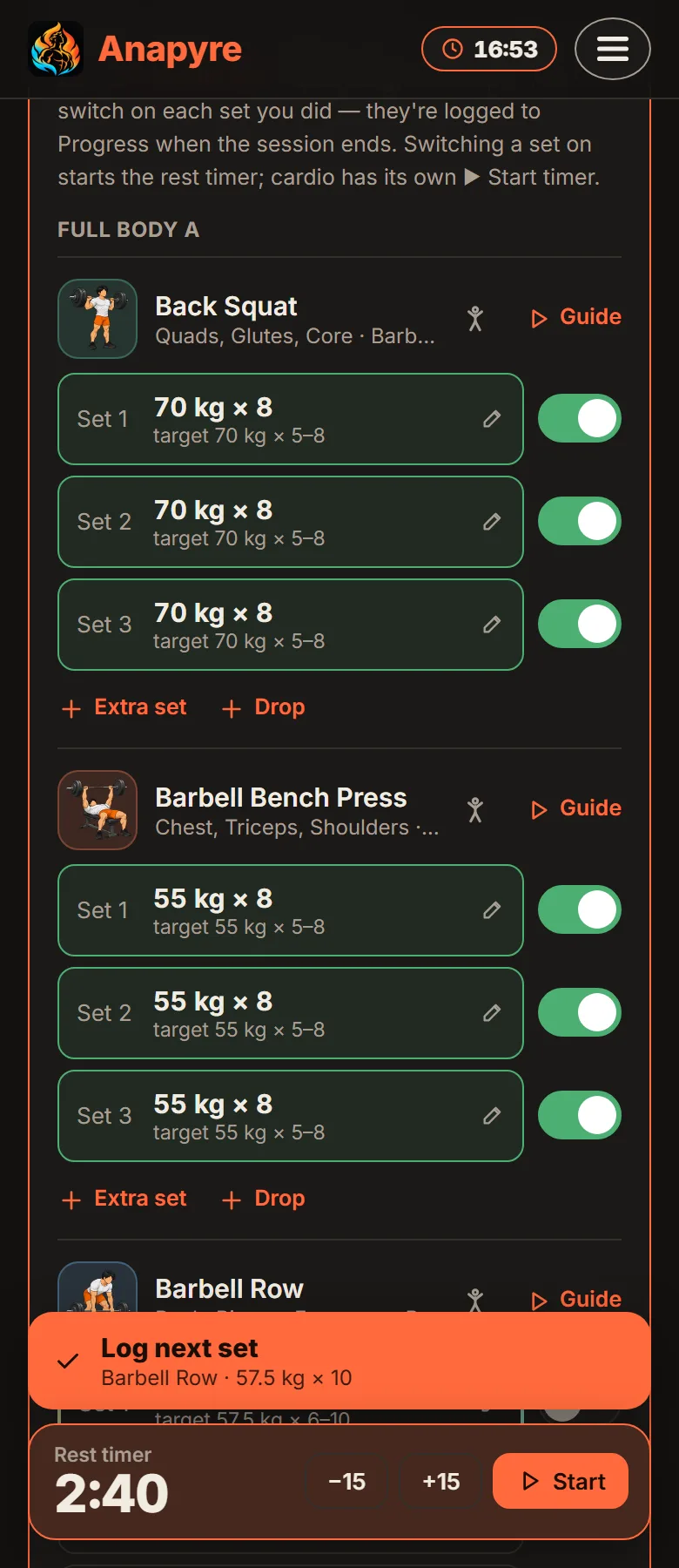A workout session in Anapyre: back squat and bench press sets switched on, with the Log next set button and the rest timer